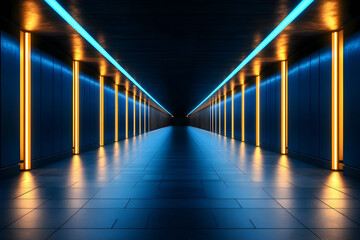 Futuristic Neon Corridor, tunnel, hallway, blue, yellow, lights