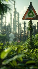 Overgrown warning sign surrounded by lush dense foliage and vegetation in a mysterious blurred urban jungle landscape with a distant city skyline in the background