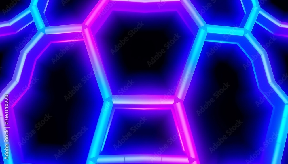 Poster a glowing hexagonal grid pattern in vivid shades of cyan, magenta, and purple. the honeycomb structu