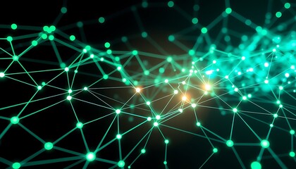 Obraz premium A web of interconnected lines and dots in neon green and blue hues, resembling a complex digital circuit board.