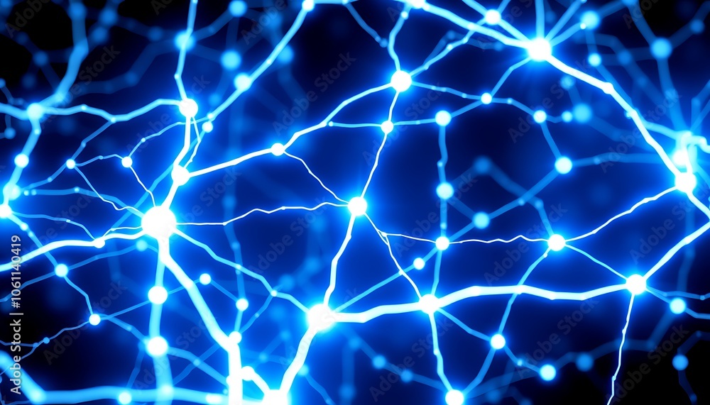Poster a visual representation of neural pathways, with glowing lines and dots connected in a web-like stru