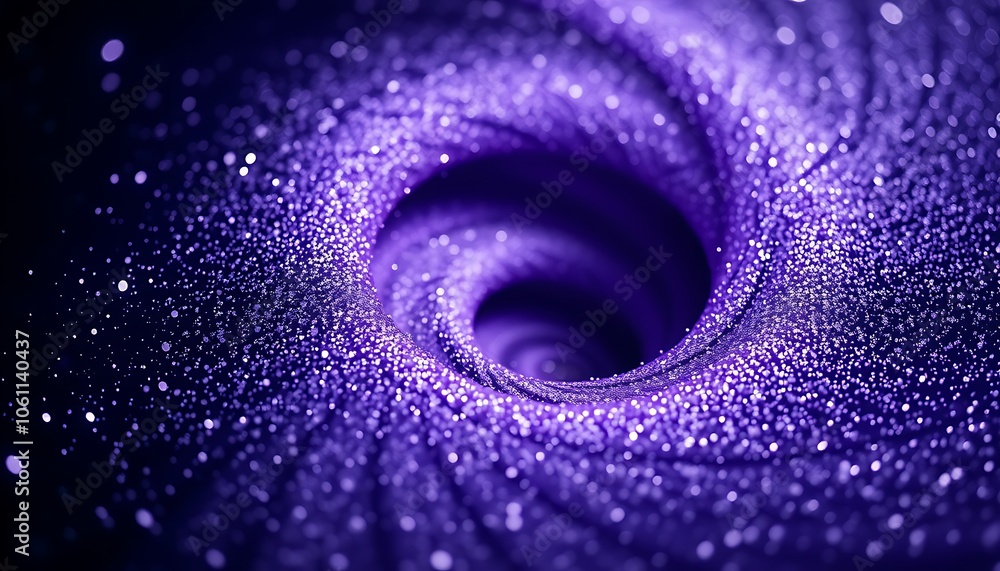 Poster tiny particles in metallic silver and deep violet hues swirl in a spiral motion, creating a sense of
