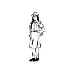 teenage school girl carrying a bag black and white vector line art