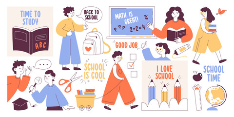 Love school and study time hand drawn colored line set with students characters and education stuff