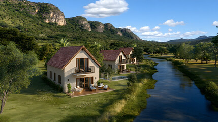 Naklejka premium Luxury Cabins by the River, cottage, stream, vacation home, rental, house