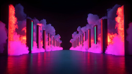 Fototapeta premium Neon Cityscape with Fog and Reflection, urban, futuristic, abstract, background, modern