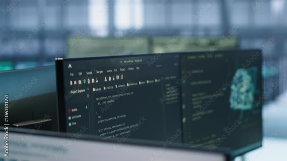Poster close up of code on computer screens in high tech facility responsible with intense data computation