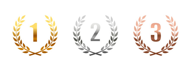 Laurel Wreath Medal Set In Gold, Silver And Bronze, vector illustration.