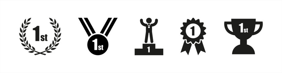 First place winner icon vector set. Champion win trophy and medal with 1st sign symbol illustration, vector 10 eps.