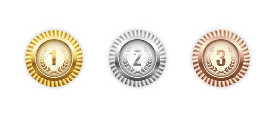 Gold, silver, bronze medal set. Champion trophy awards with numbers and laurel vector illustration. Prize in sport for winning first, second, third place in competition on white background. Vector 10 