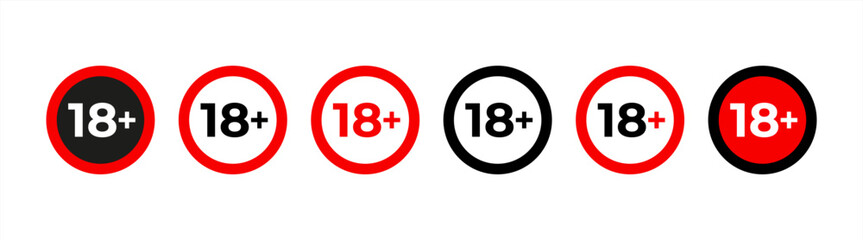 Under 18 forbidden round icon sign vector illustration set. Eighteen or older persons adult content 18 plus only rating isolated on white background. Vector 10 eps.