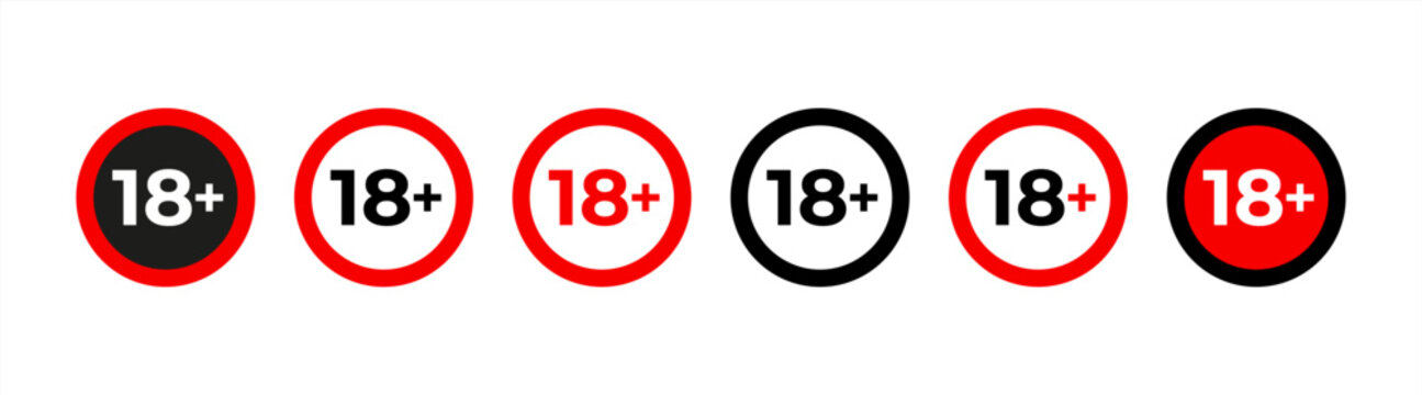 Under 18 forbidden round icon sign vector illustration set. Eighteen or older persons adult content 18 plus only rating isolated on white background. Vector 10 eps.
