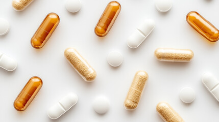 Colorful capsules and tablets form a beautiful pattern against a minimalist background, showcasing their variety