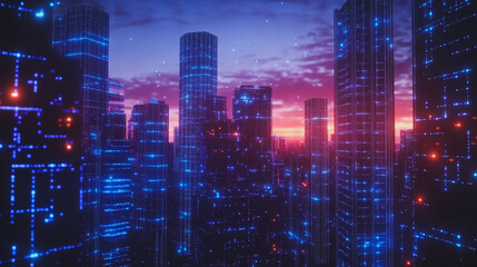Fototapeta premium Smart digital city with connection cyber security network reciprocity over the cityscape . future smart wireless digital city and social media networking systems that connects people within the city