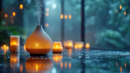 Aromatherapy diffuser and candles create a serene ambiance in a rainy setting, AI