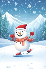 Fototapeta premium Cute snowman ski in snow field in mountain.