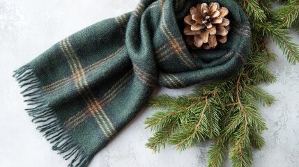 Green Plaid Scarf with Pine Branch and Pinecone