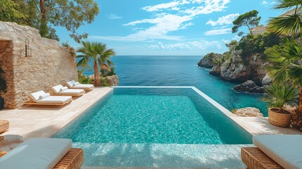 Fototapeta premium A beautiful terrace featuring sunbeds and a sparkling pool, offering breathtaking sea views and a serene summer resort atmosphere.