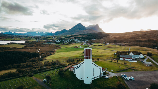 Aireal view of Borge church. Lofoten islands, Norway