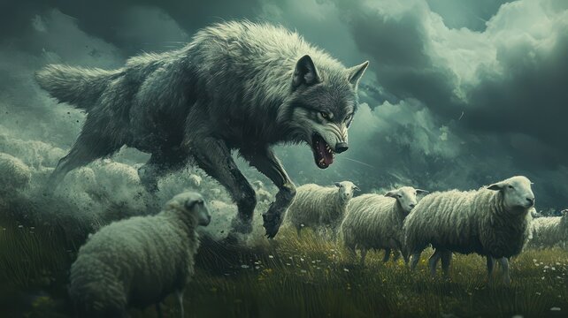 Wolf attacking sheep on a meadow created with Generative AI