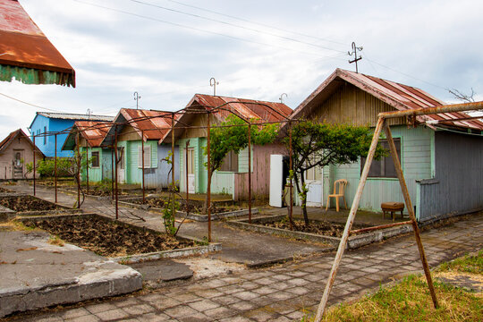 Typical sea touristic abandoned old bungalows near the Lake Pomorie, Burgas Province, Bulgarian Black Sea coast 