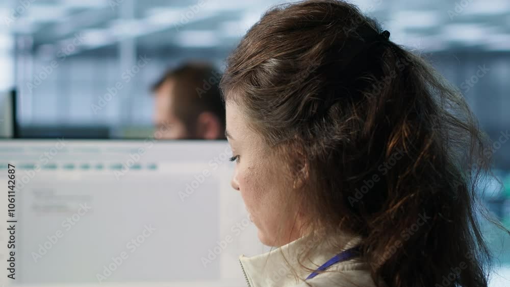 Poster smiling it engineer in data center using pc to find misconfigurations affecting rackmounts. cheerful