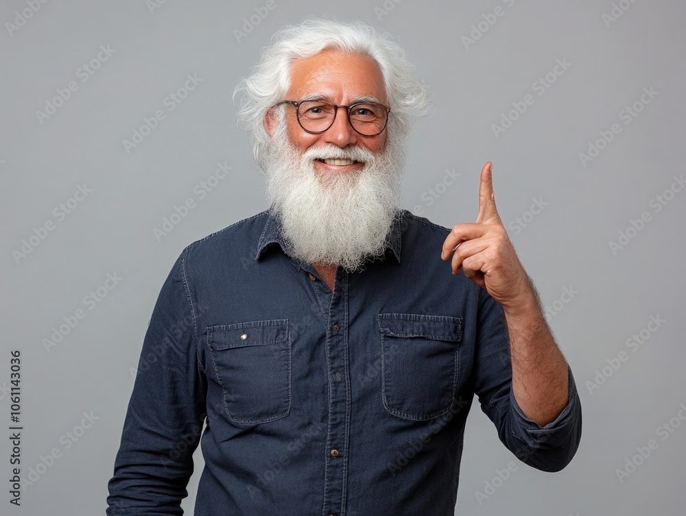 Aufkleber man with a beard and glasses is pointing to the sky. he is smiling and he is happy