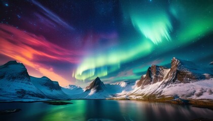Aurora borealis on the Lofoten islands, Norway. Green northern lights above mountains. Night winter landscape with aurora. Natural background in the Norway