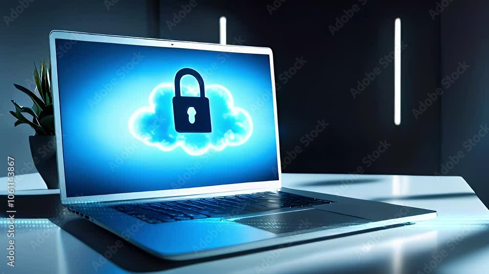 Poster laptop with a glowing cloud and padlock icon representing secure cloud storage.
