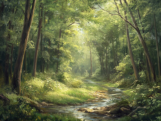 Obraz premium A serene forest stream winds its way through a lush green canopy on a sunny summer day