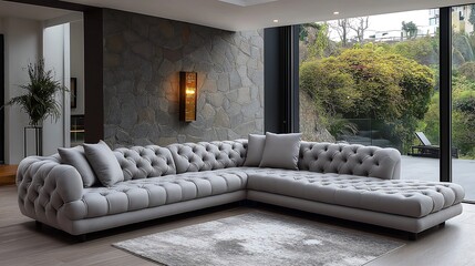 Tufted grey corner sofa creates a stylish focal point against a rustic stone cladding wall in a modern living room.