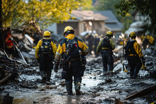 Rescue teams assessing and responding to flood-damaged property, providing aid and support in the aftermath of a natural disaster