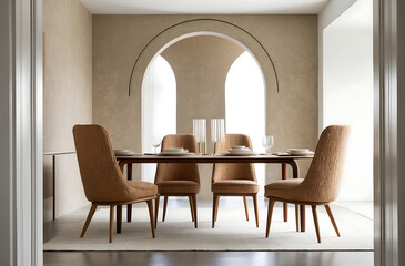 Boucle chairs at dining table in room with stucco walls and arch doorway. Minimalist interior design of modern living room