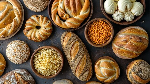 A colorful assortment of artisan breads and pastries fills wooden bowls, showcasing diverse shapes, textures, and sizes. The warm tones invite the viewer to appreciate the craftsmanship