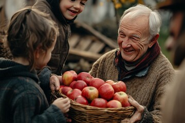 Grandfather sharing fresh apples with happy children in a garden, fostering family bond and joy, rural lifestyle concept