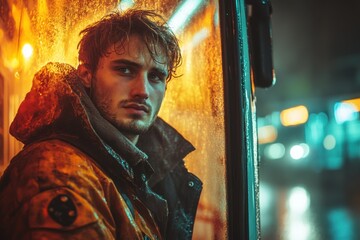 Man standing in front of a window with rain on it