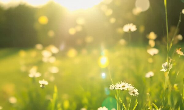 A fresh spring sunny garden background of green grass and blurred foliage bokeh