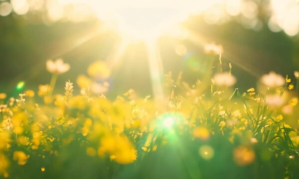 A fresh spring sunny garden background of green grass and blurred foliage bokeh