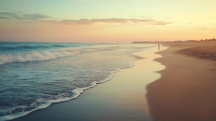 A lone figure walks along a sandy beach as the sun sets over the ocean