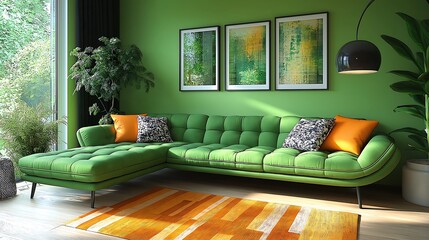 Modern eclectic living room with a vibrant green modular sofa, blending bold color with unique style.