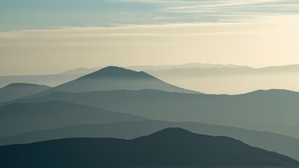 Fototapeta premium Generative AI, Minimalist Aerial View of Serene Mountain Ranges with Soft Cloud Layers
