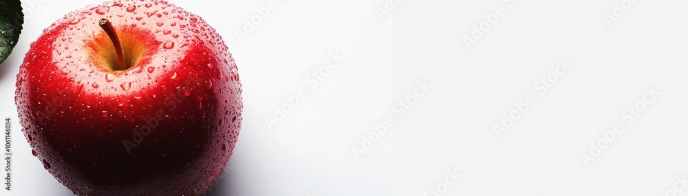 Poster a red apple covered in water droplets on a white background