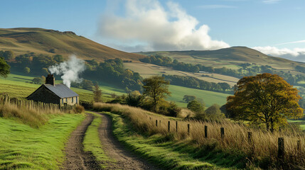 Obraz premium A small cottage sits on a hillside overlooking a valley, with smoke rising from its chimney