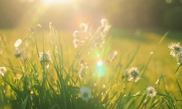 A fresh spring sunny garden background of green grass and blurred foliage bokeh