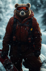 Brown bear realistic in ski snowboard goggles and snowboard equipment on natural forest background, winter sports concept, humanlike outfit, commercial advertisement. Ursus arctos portrait 