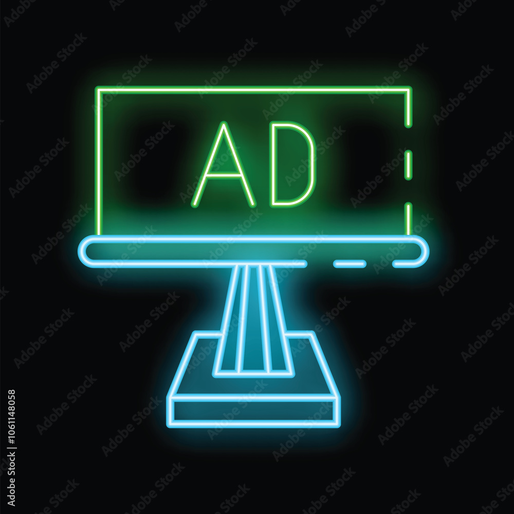 Poster neon sign showing an advertisement displayed on a monitor