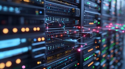 Fototapeta premium Data Engineer Data flow arrows connecting cloud servers and databases, data engineering setup, 3D illustration