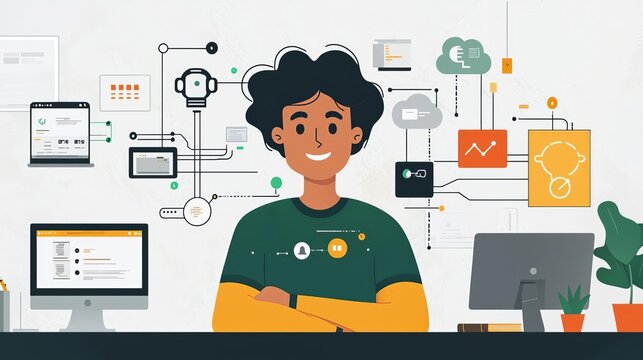 Data Engineer Data model with cloud integration symbols, tech infrastructure, no face, flat design illustration