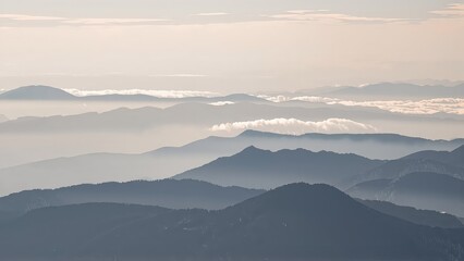 Fototapeta premium Generative AI, Minimalist Aerial View of Serene Mountain Ranges with Soft Cloud Layers