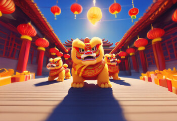 Three golden lion dancers stand in a traditional Chinese courtyard, illuminated by the bright sun...